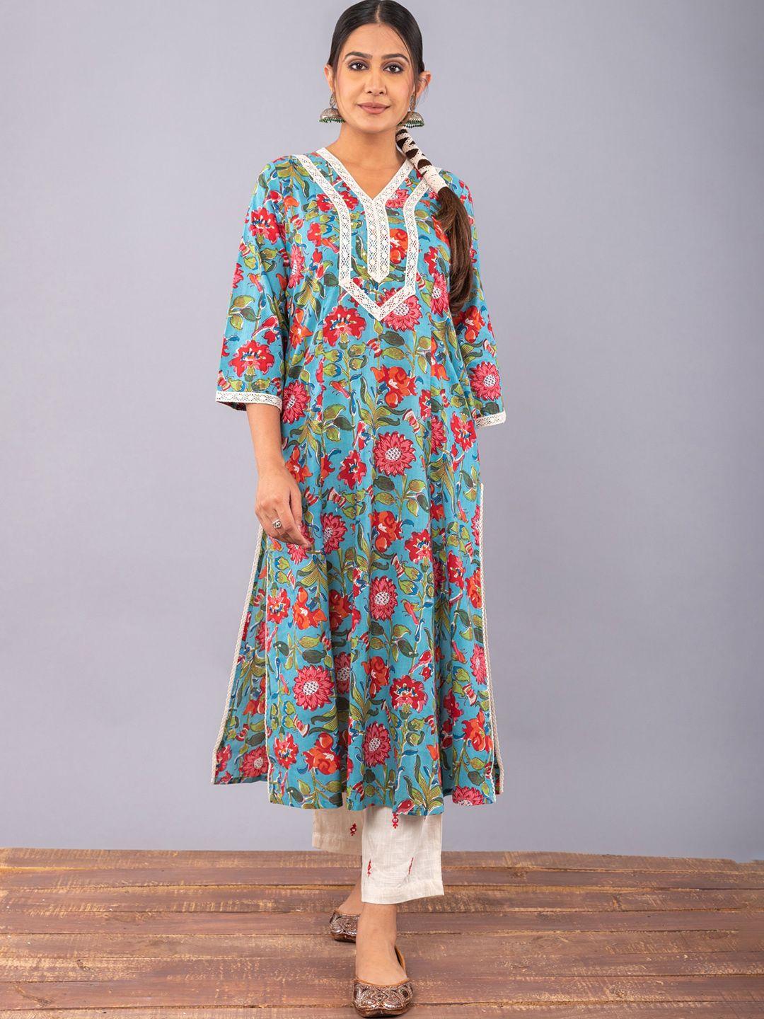 sakhi jaipur women blue floral printed pure cotton kurta with trousers