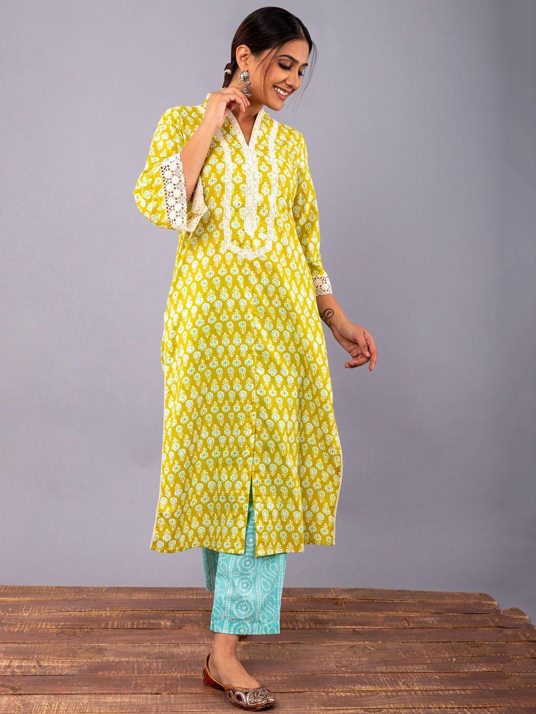 sakhi jaipur women green floral printed pure cotton kurta with trousers