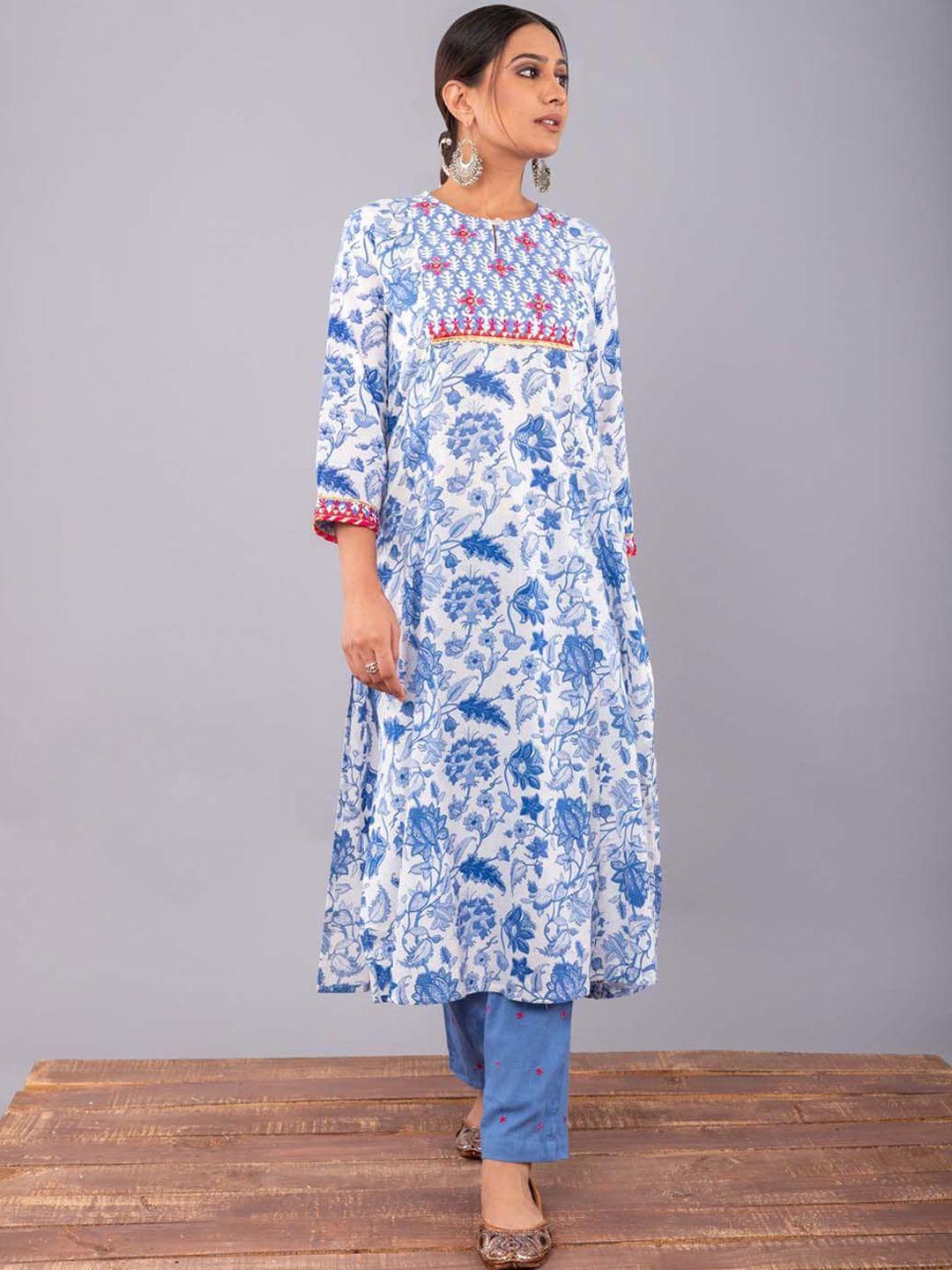 sakhi jaipur women blue floral printed pure cotton kurta with trousers