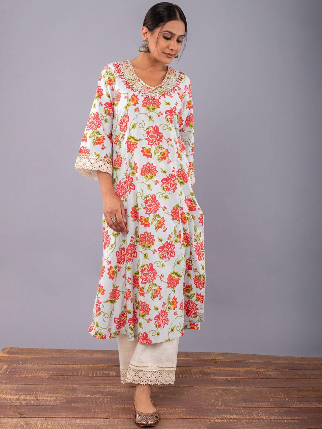 sakhi jaipur women white floral printed pleated pure cotton kurta with palazzos