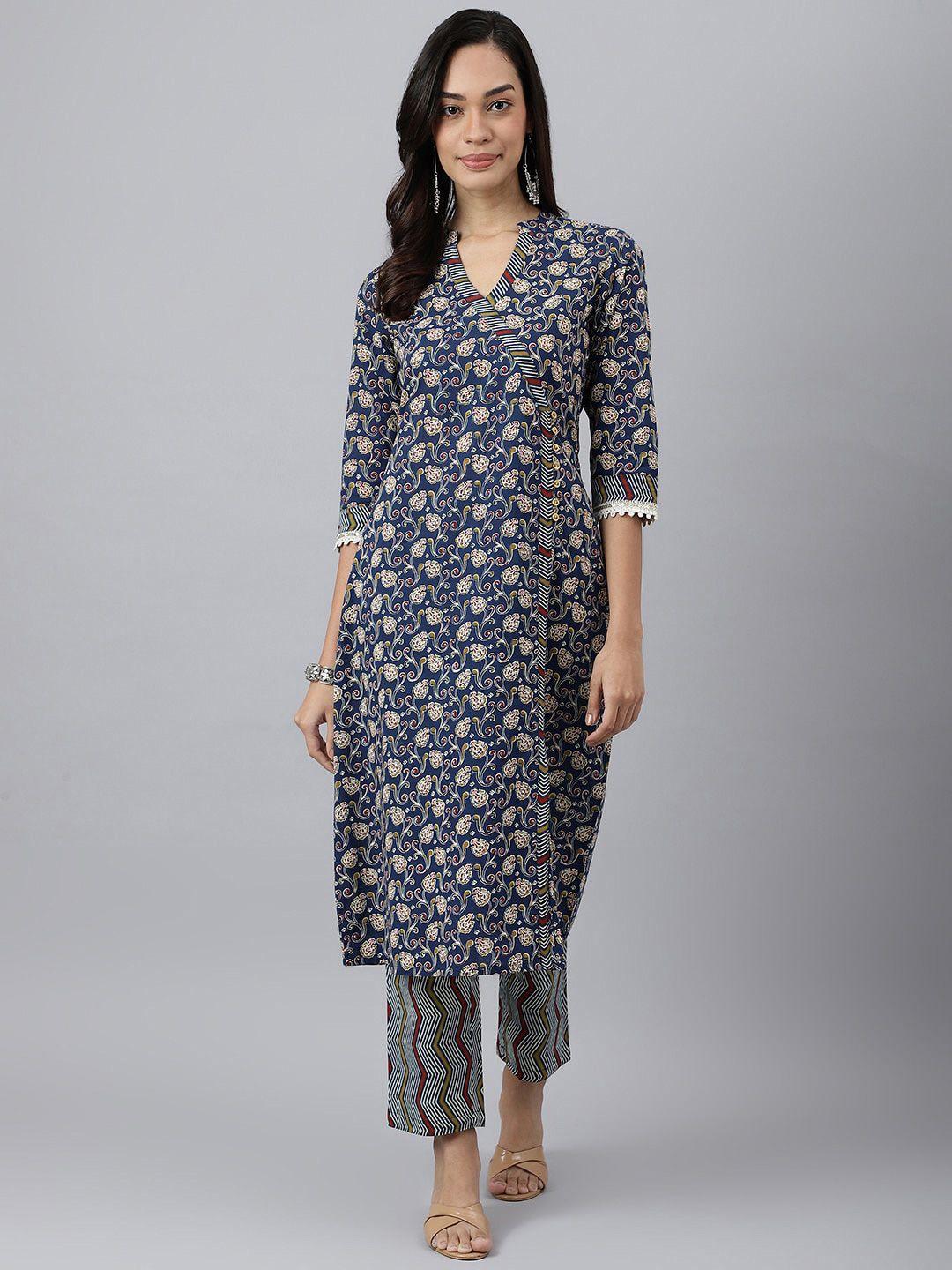 meesan women blue ethnic motifs printed angrakha pure cotton kurta with trousers