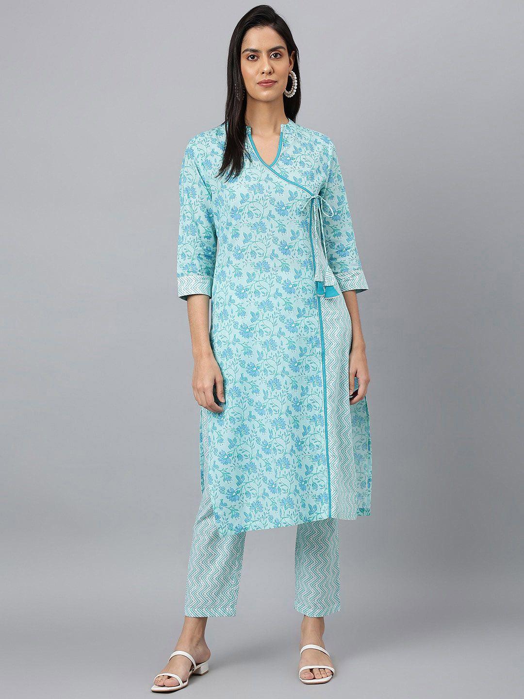 meesan women blue ethnic motifs printed angrakha pure cotton kurta with trousers