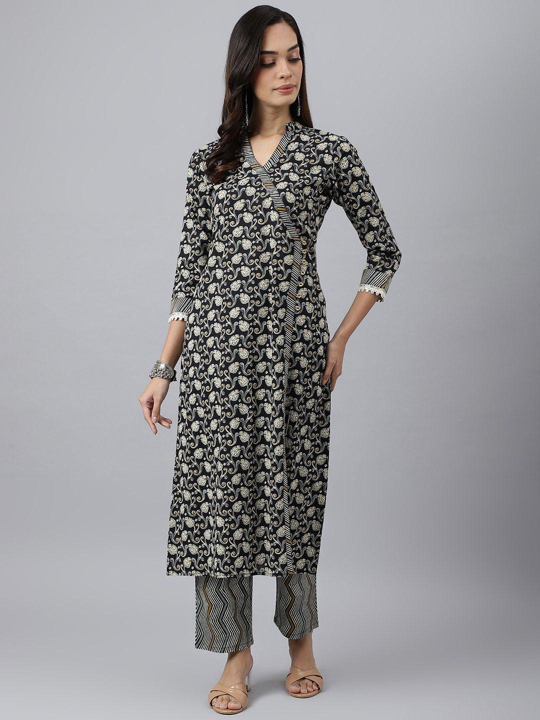 meesan women black floral printed angrakha pure cotton kurta with trousers