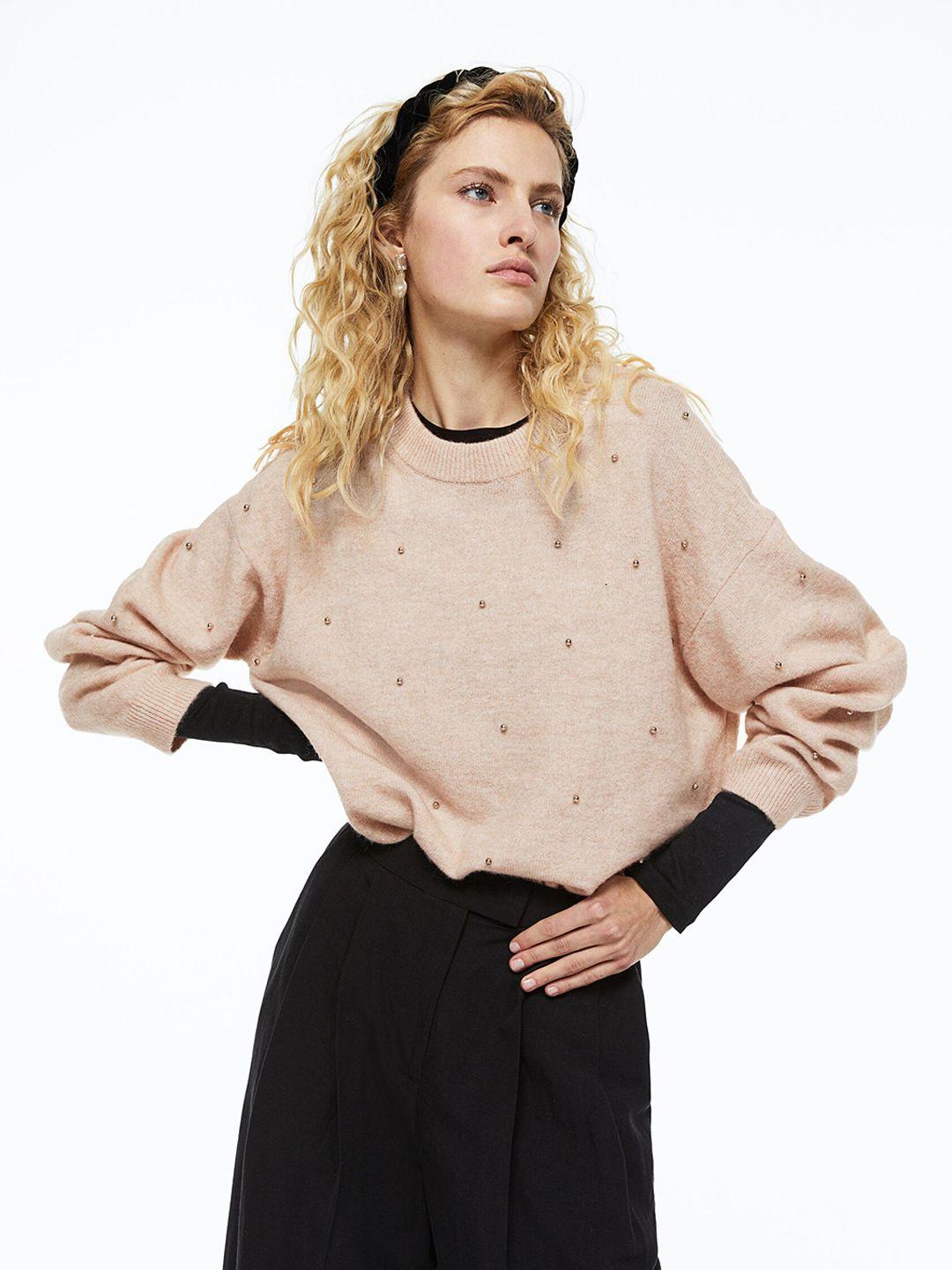 h&m women beige beaded jumper