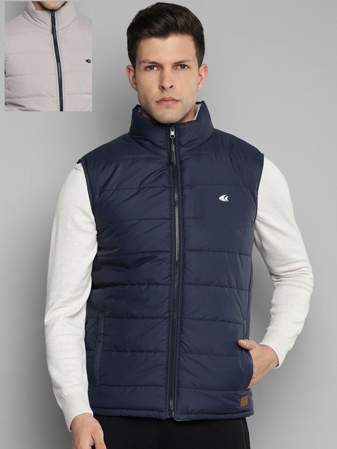 allen cooper men navy blue & grey reversible sleeveless quilted jacket