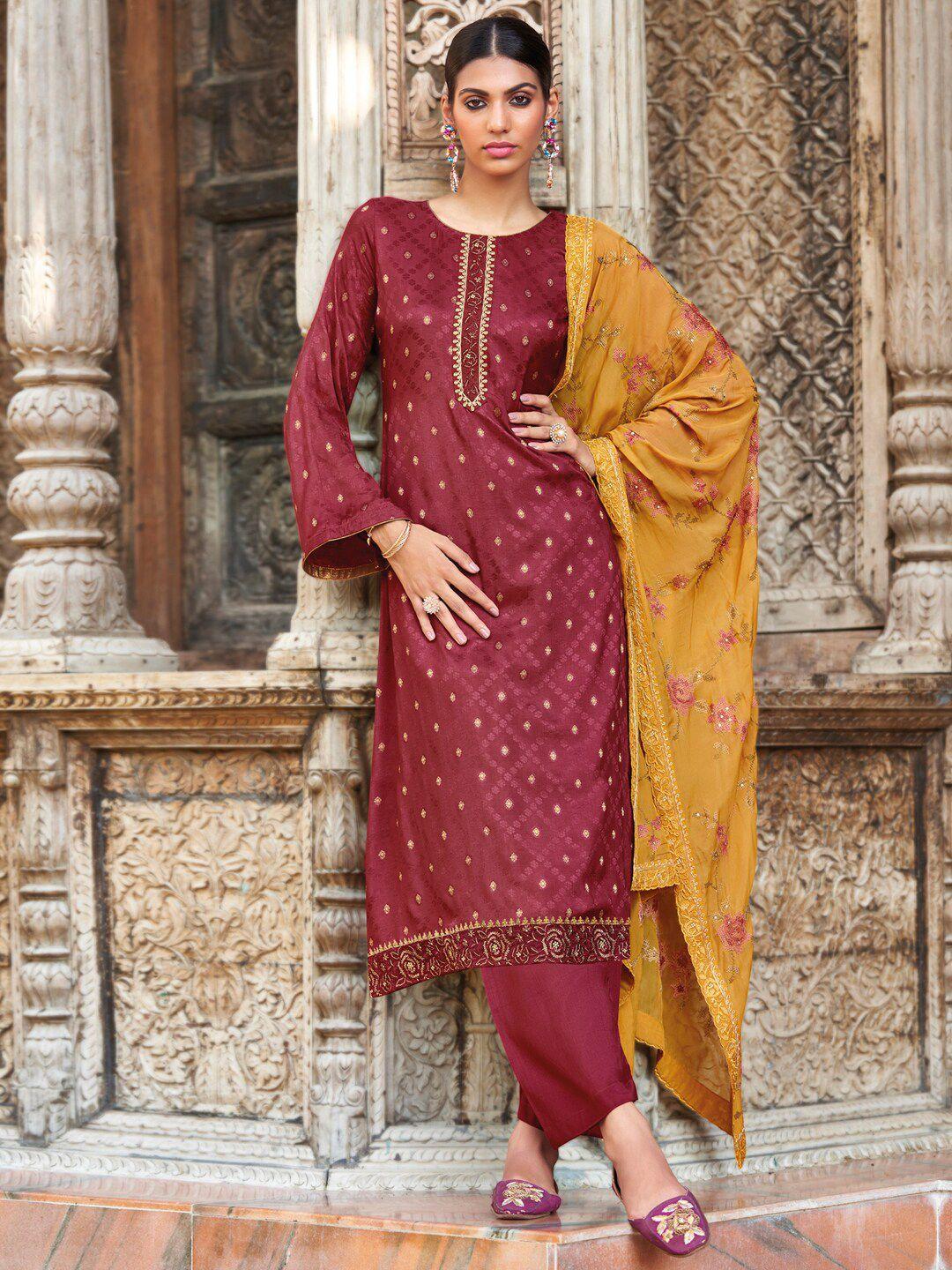 stylee lifestyle maroon & mustard embroidered art silk unstitched dress material