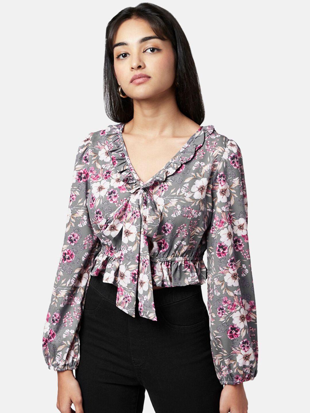 yu by pantaloons women grey & pink floral print tie-up neck top