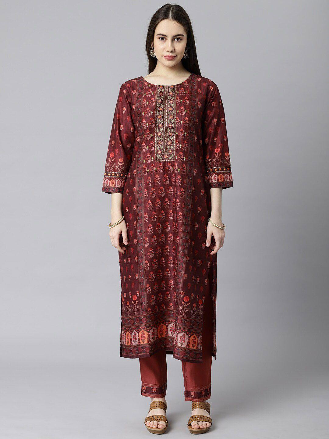 kami kubi women maroon floral printed mirror work kurta with trousers