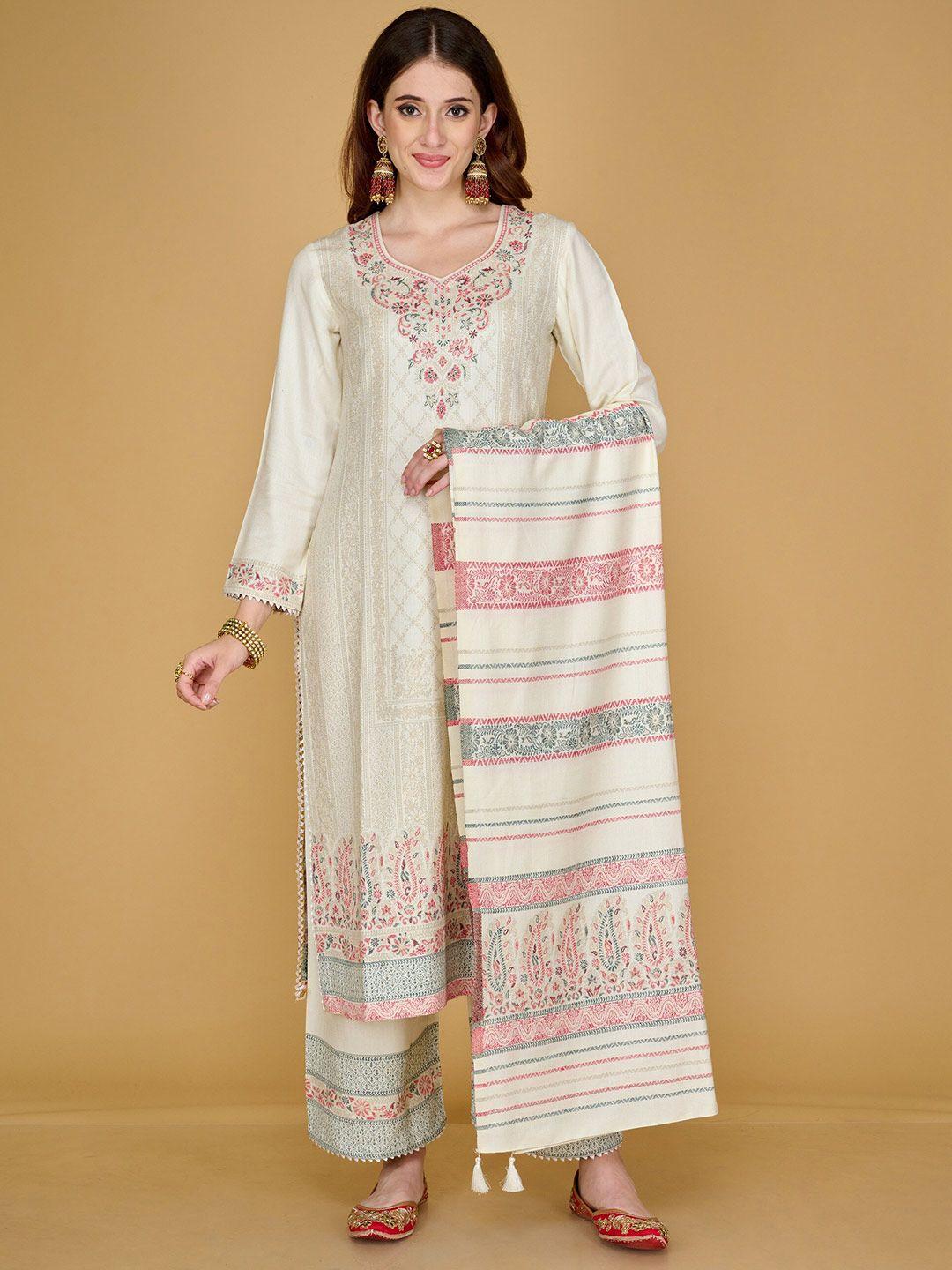 safaa cream-coloured & black viscose rayon unstitched dress material