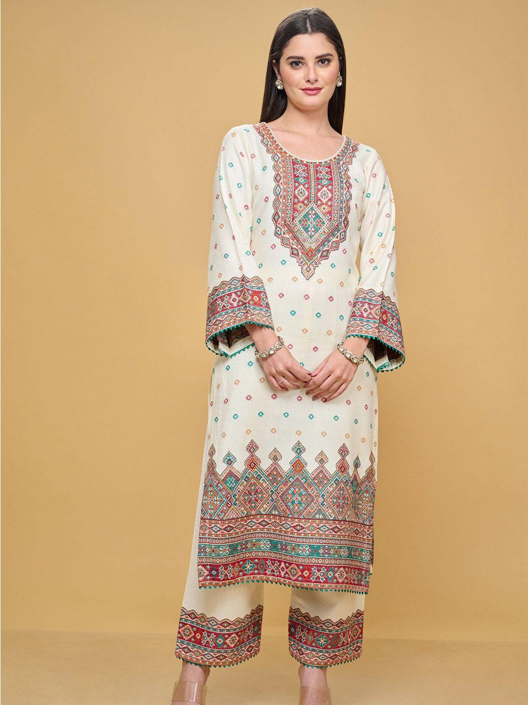 safaa cream-coloured & blue viscose rayon unstitched dress material