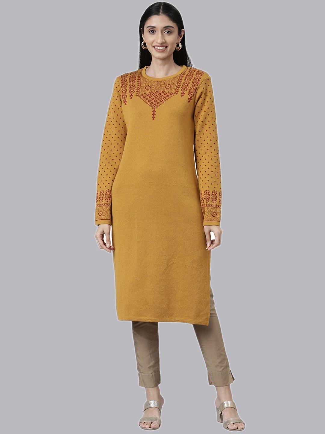 neerus women mustard yellow yoke design straight fit acrylic kurta