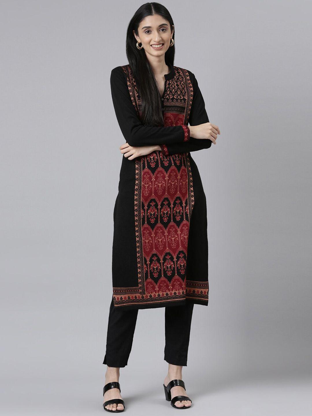 neerus women black ethnic motifs woven design acrylic kurta