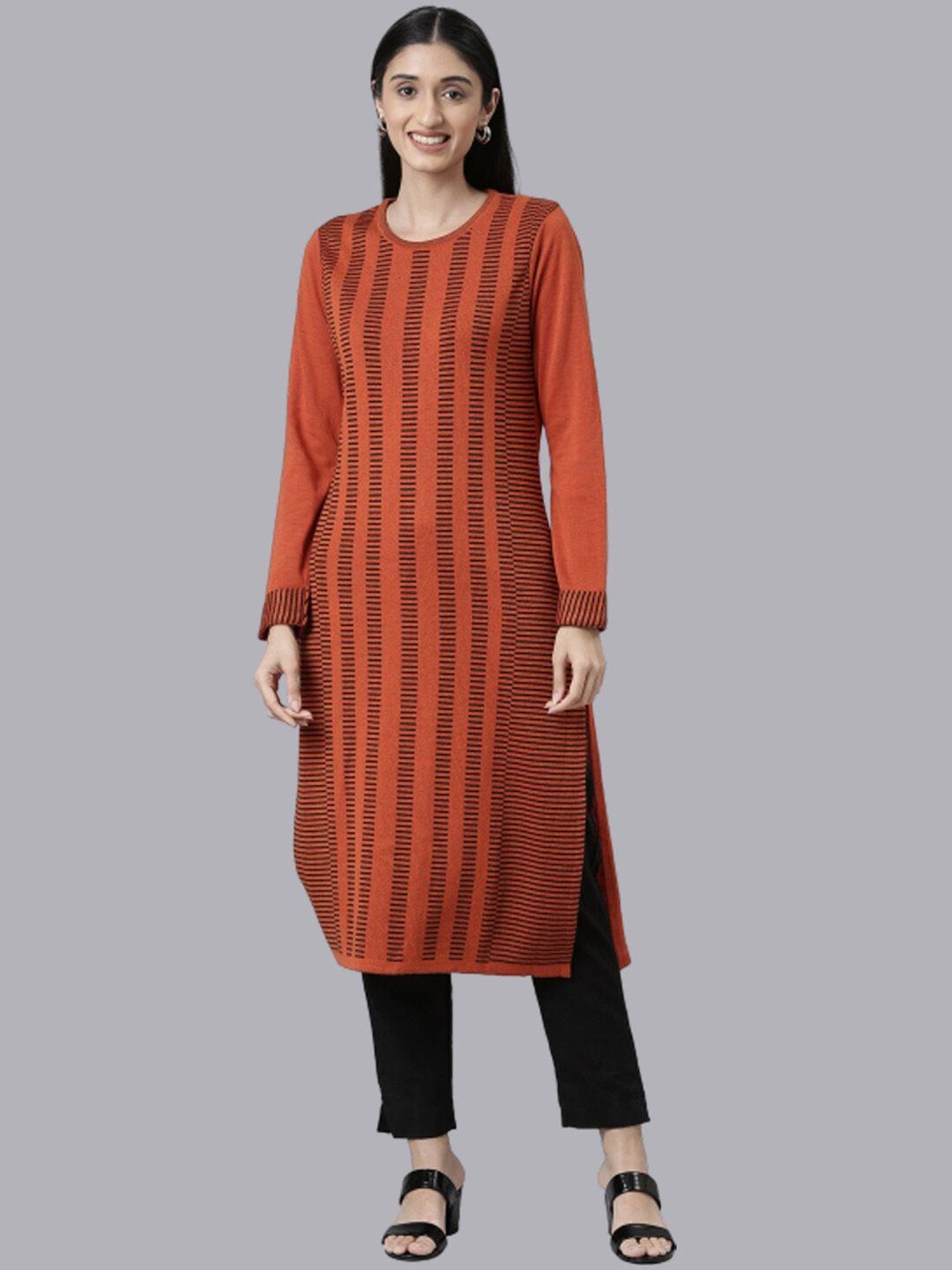 neerus women orange striped kurta