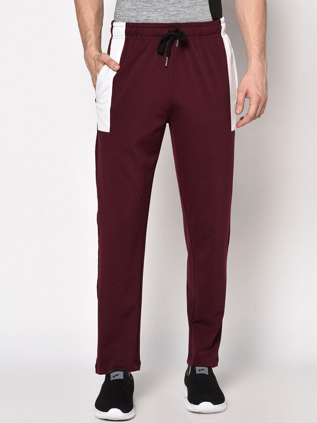 oakmans men maroon & white colourblocked antimicrobial cotton track pants