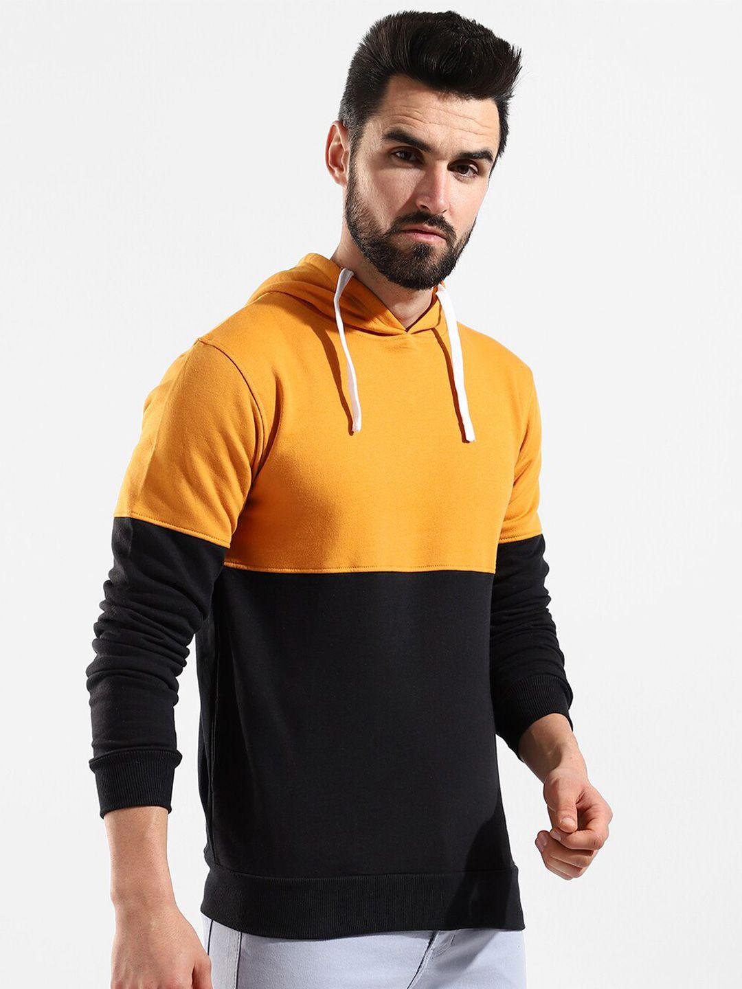 campus sutra men mustard colourblocked hooded cotton sweatshirt