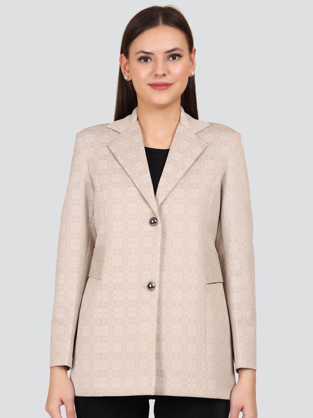 young club classic women beige printed woolen overcoat