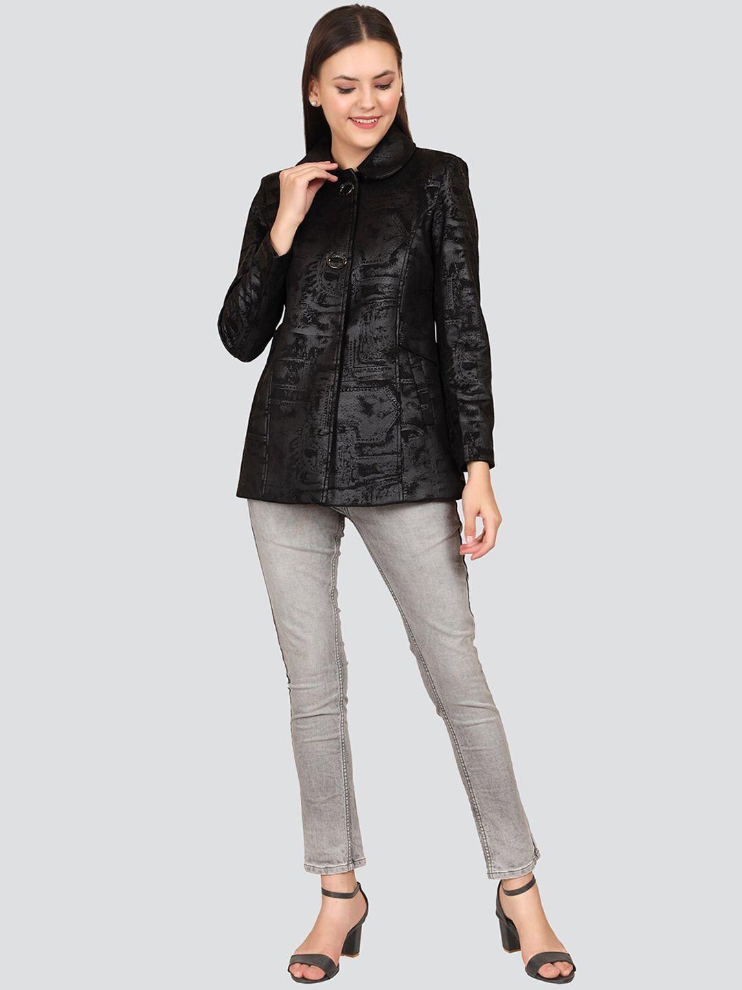 young club classic women black self design pea coat