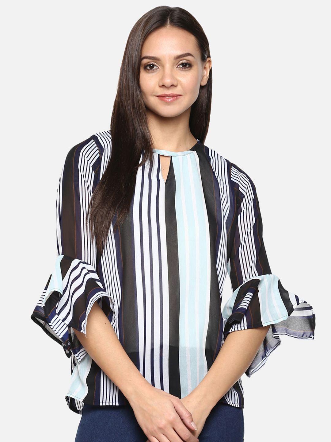 indietoga blue striped keyhole neck georgette top