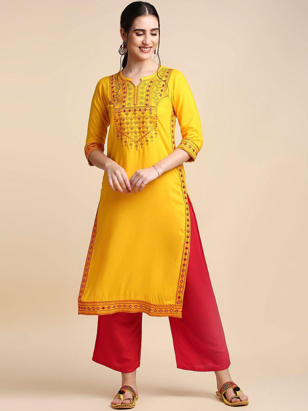 senyora women yellow ethnic motifs embroidered mirror work kurta with trousers