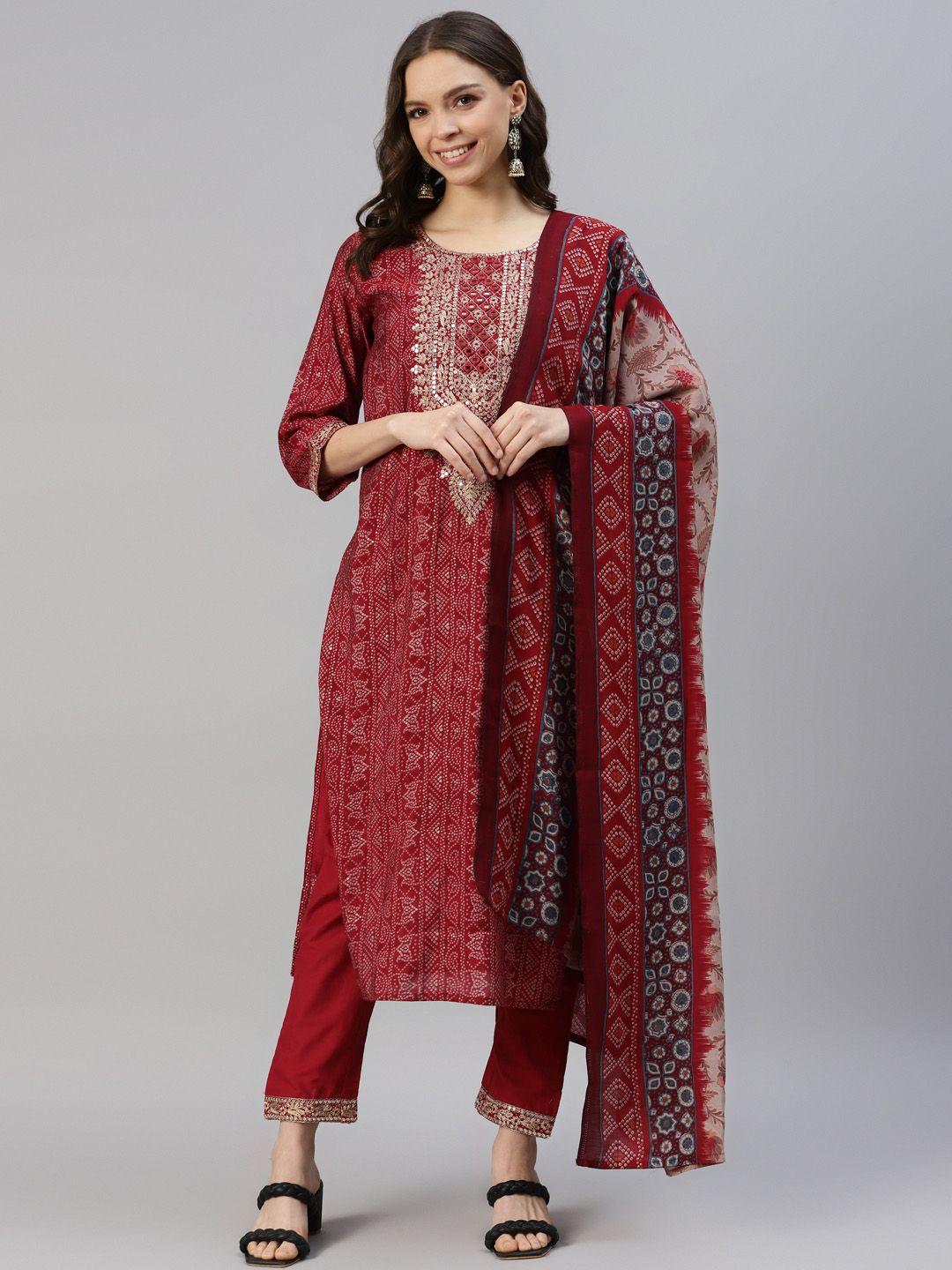 divyank women bandhani printed chanderi cotton kurta with trousers & dupatta