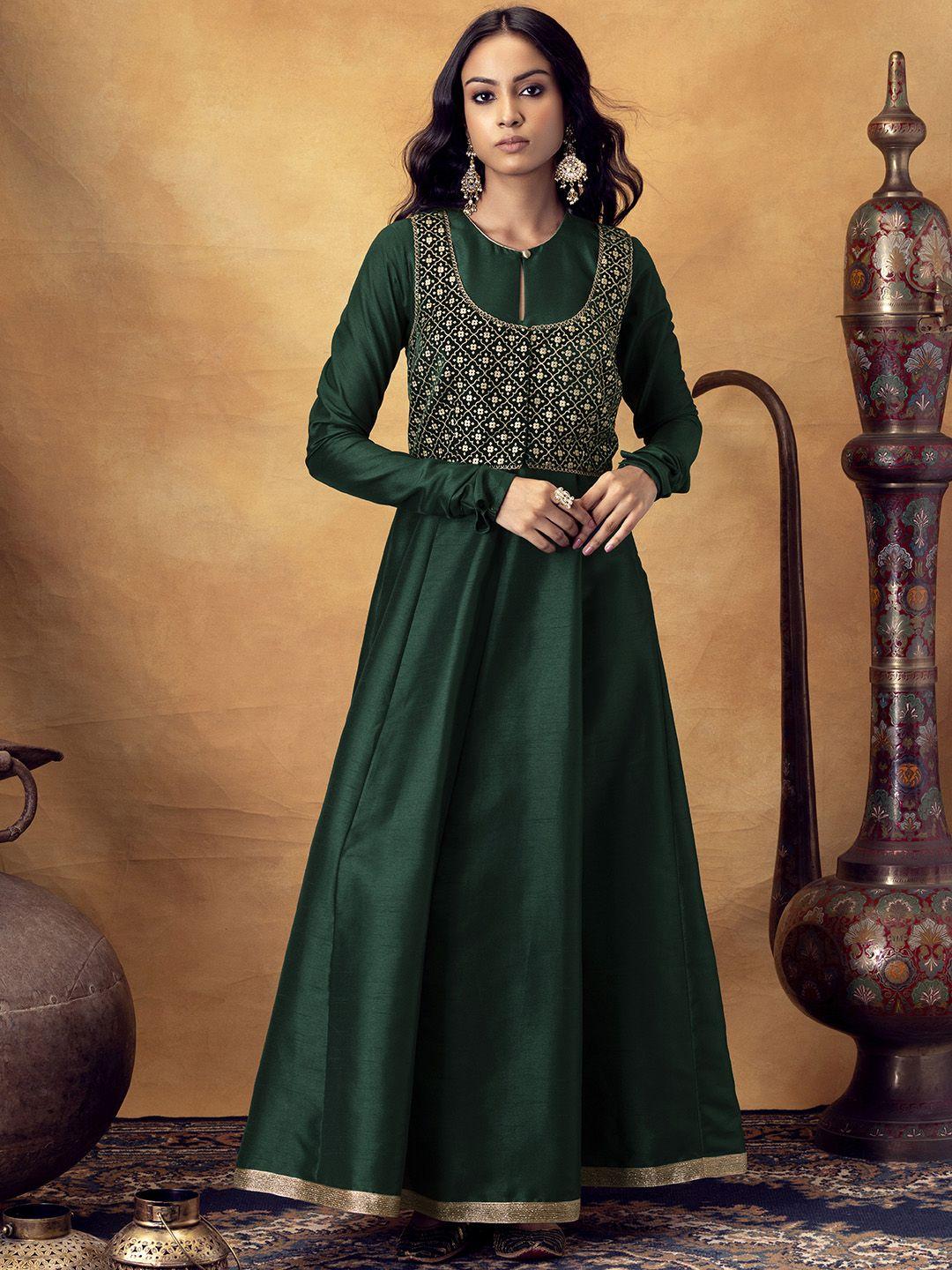 indya women green keyhole neck anarkali kurta with foil print velvet short jacket