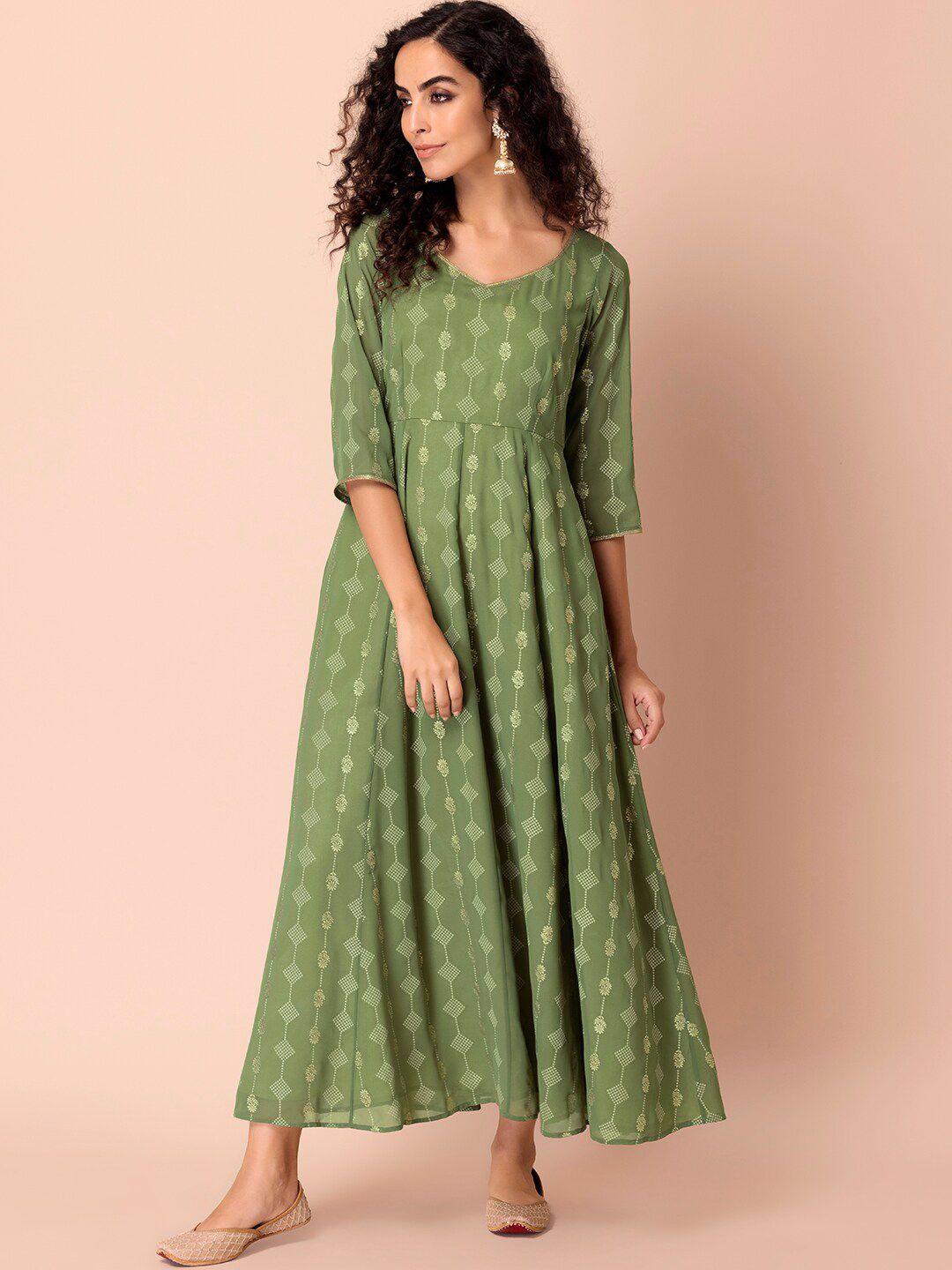 indya women green geometric printed anarkali kurta