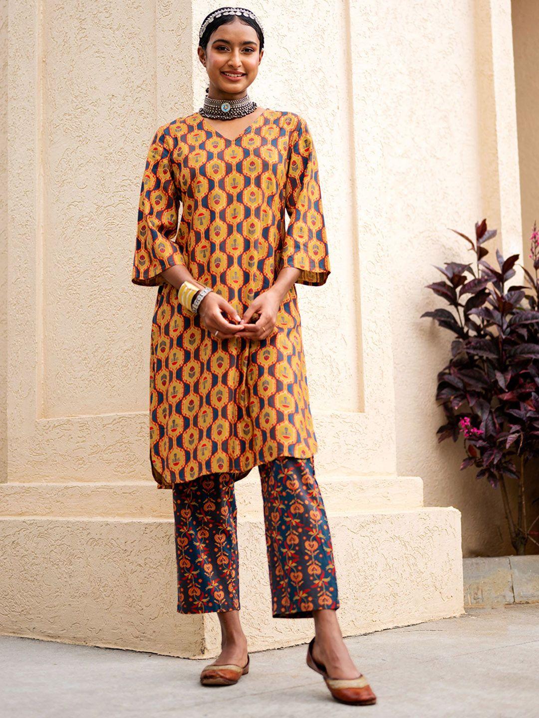 saaki women orange floral printed kurta with trousers