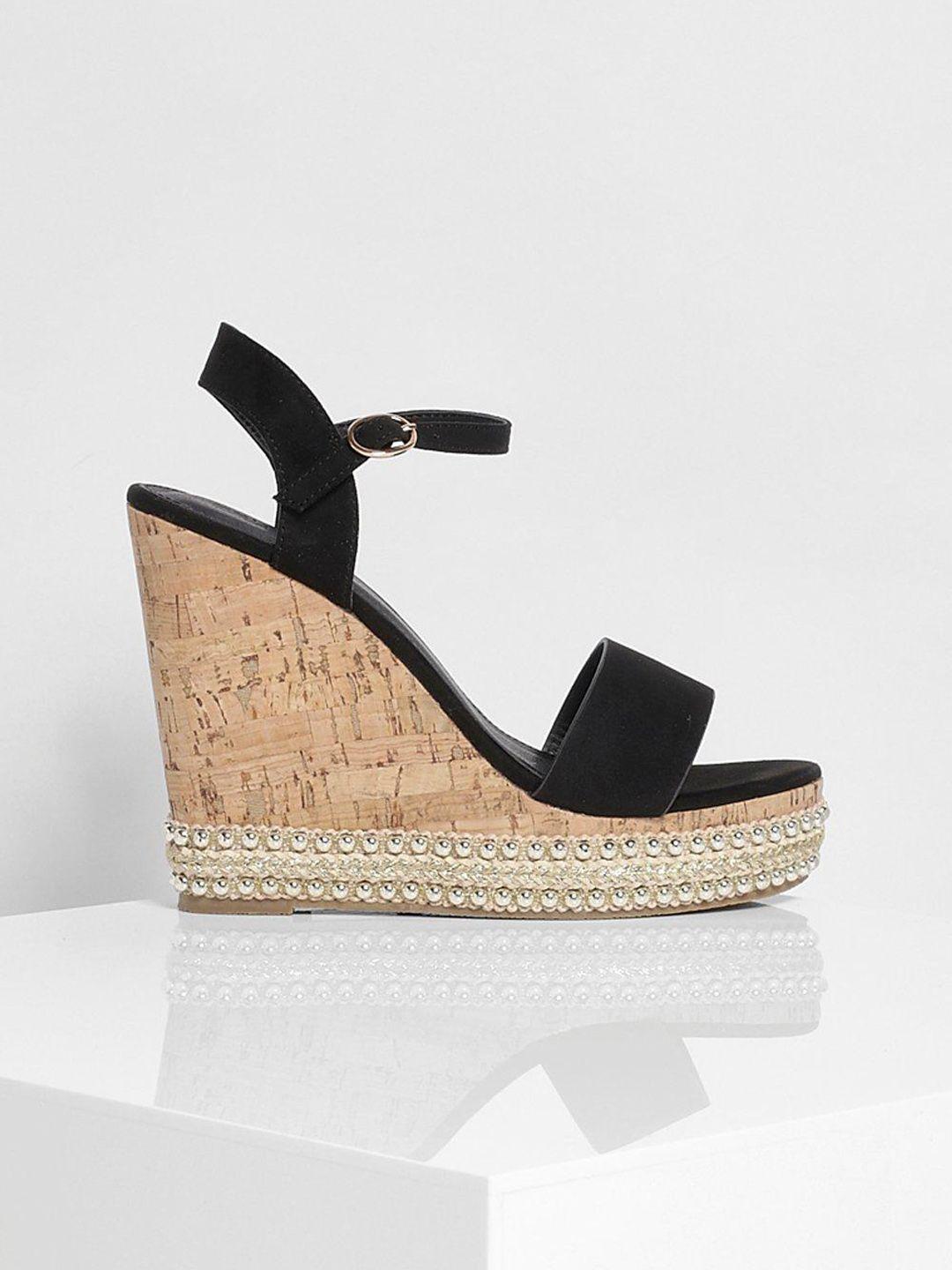 boohoo women black suede wedge sandals