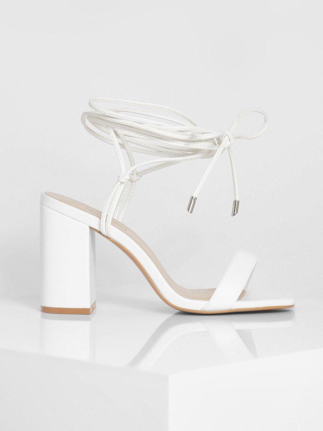 boohoo women white suede high-top block heel gladiators