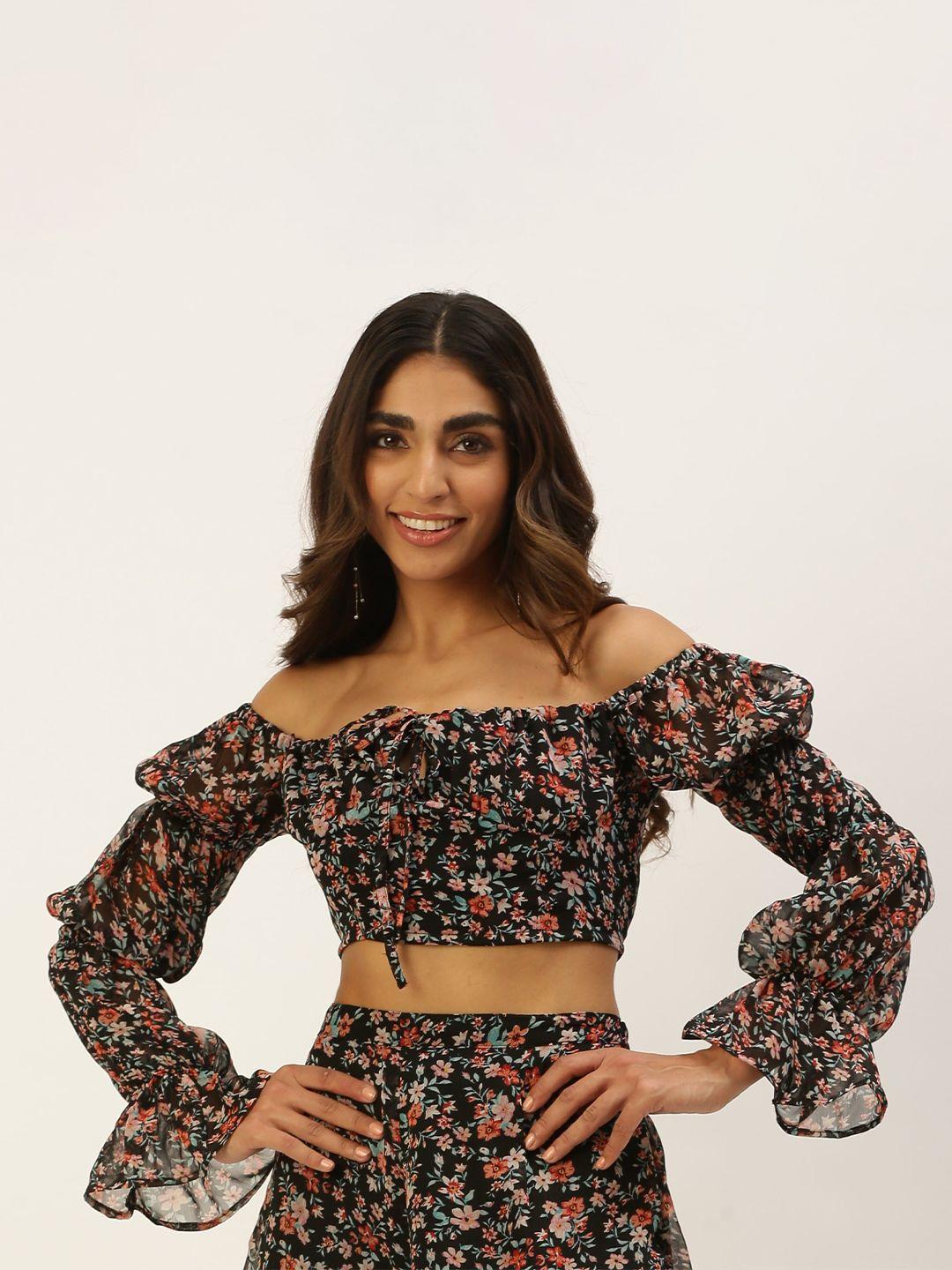 anvi be yourself black & pink floral print off-shoulder chiffon bardot crop top