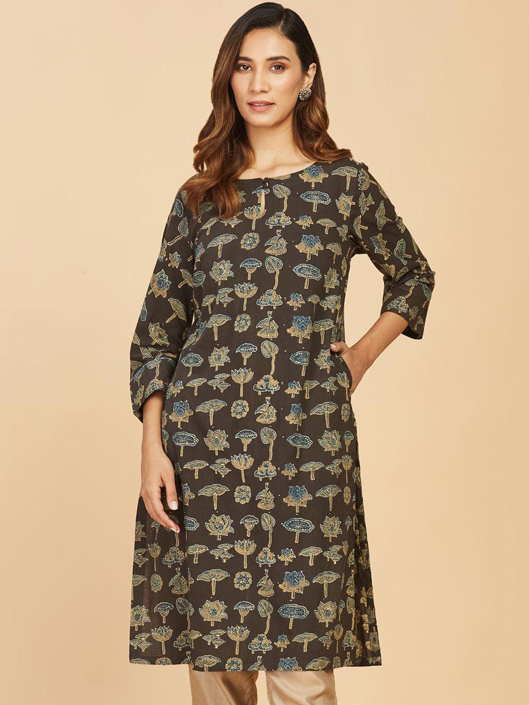 fabindia women olive green floral printed keyhole neck kurta