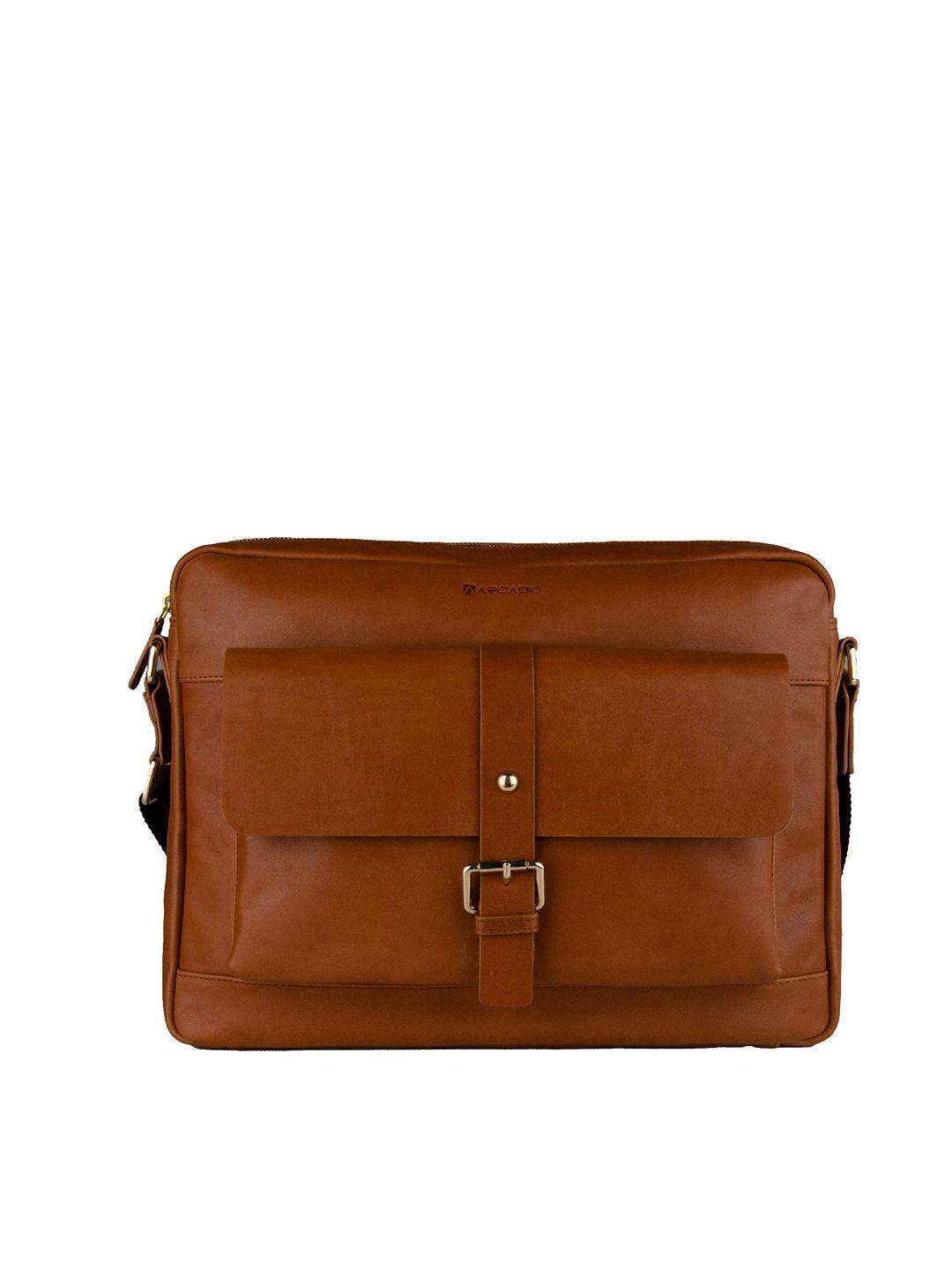 arcadio unisex tan & silver-toned textured leather laptop bag