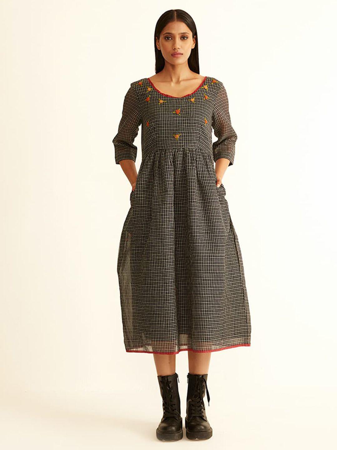 ancestry black checked a-line midi dress