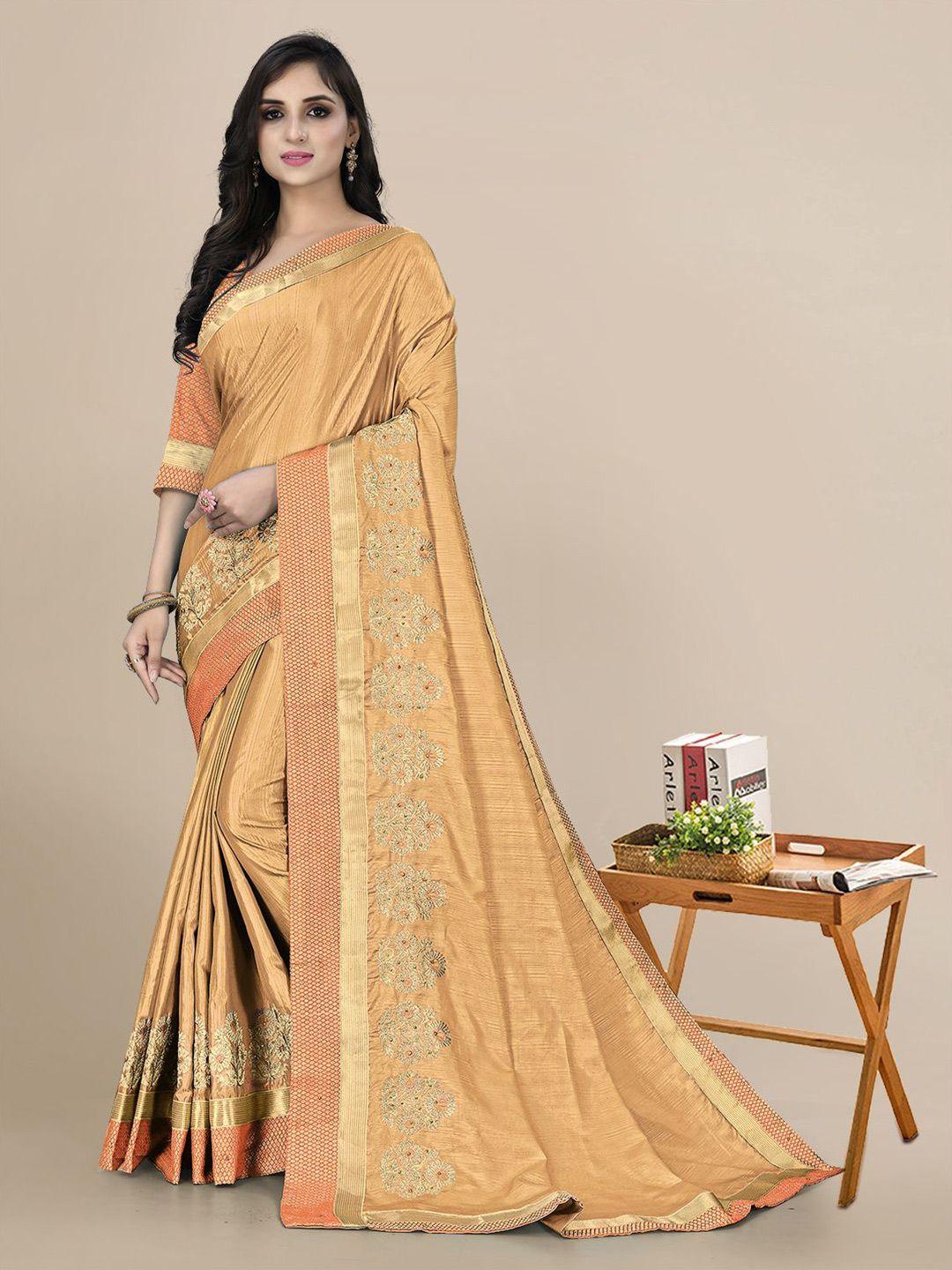 mitera beige & gold-toned ethnic motifs embroidered silk blend saree