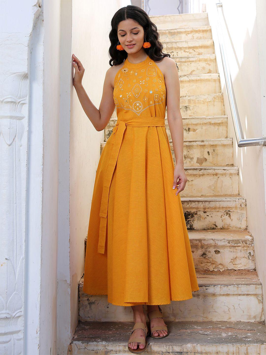 okhai yellow ethnic motifs ethnic midi dress