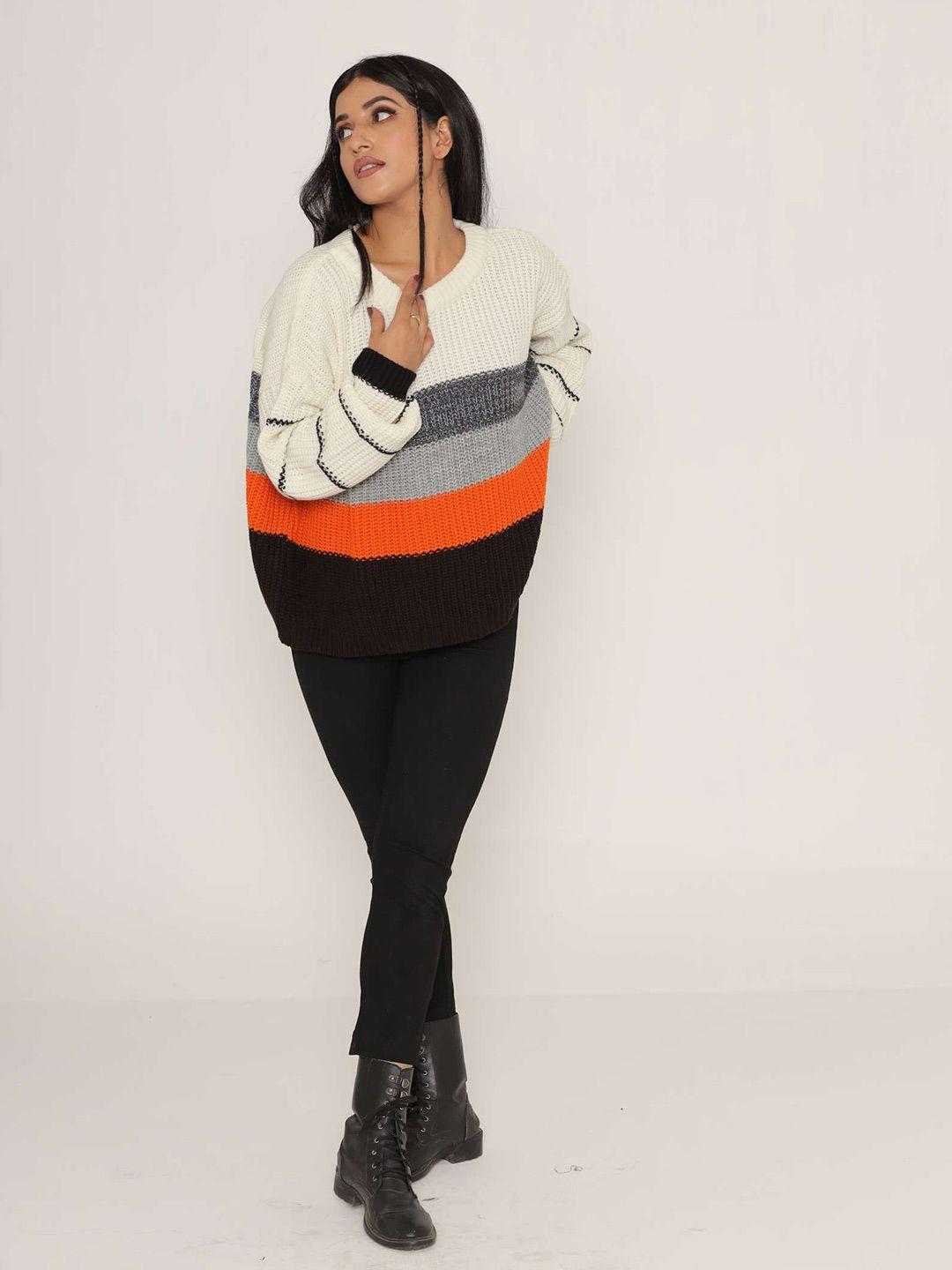 kasma women cream-coloured & red colourblocked wool pullover