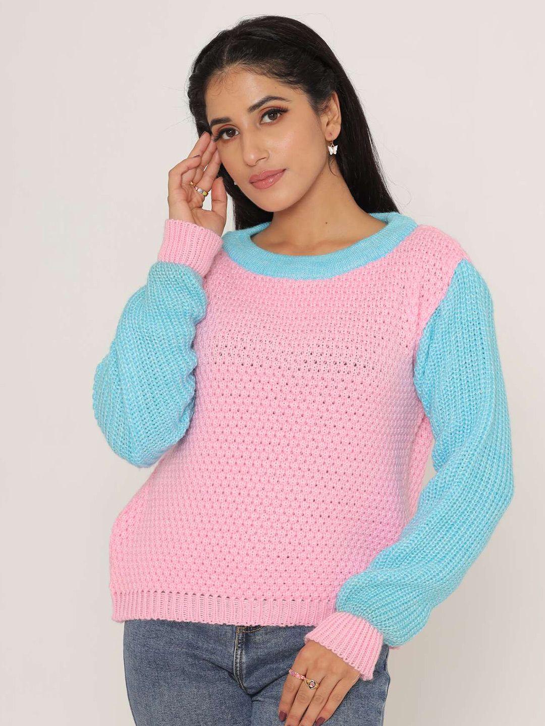 kasma women pink & blue cable knit wool pullover