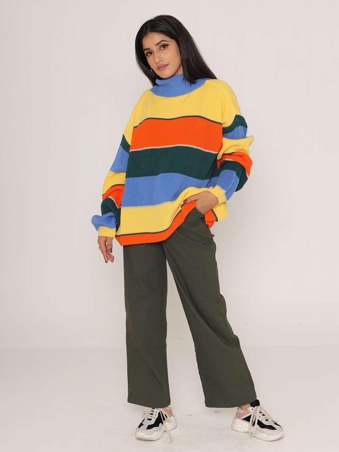 kasma women yellow & blue colourblocked wool pullover