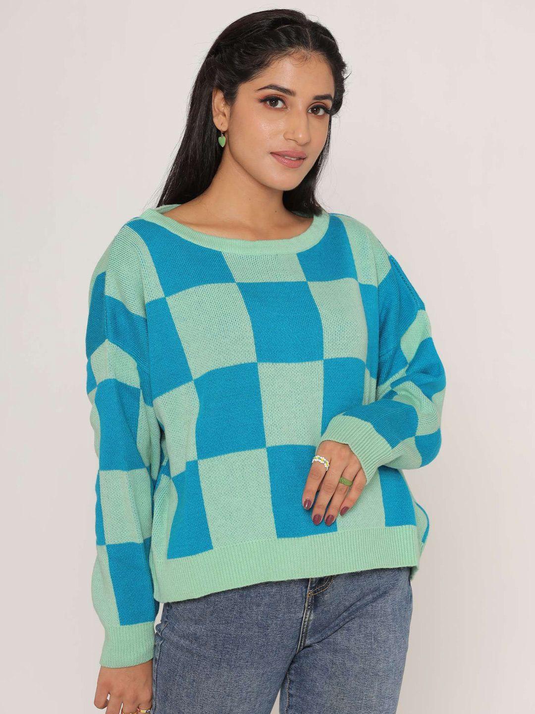 kasma women sea green & blue checked wool pullover