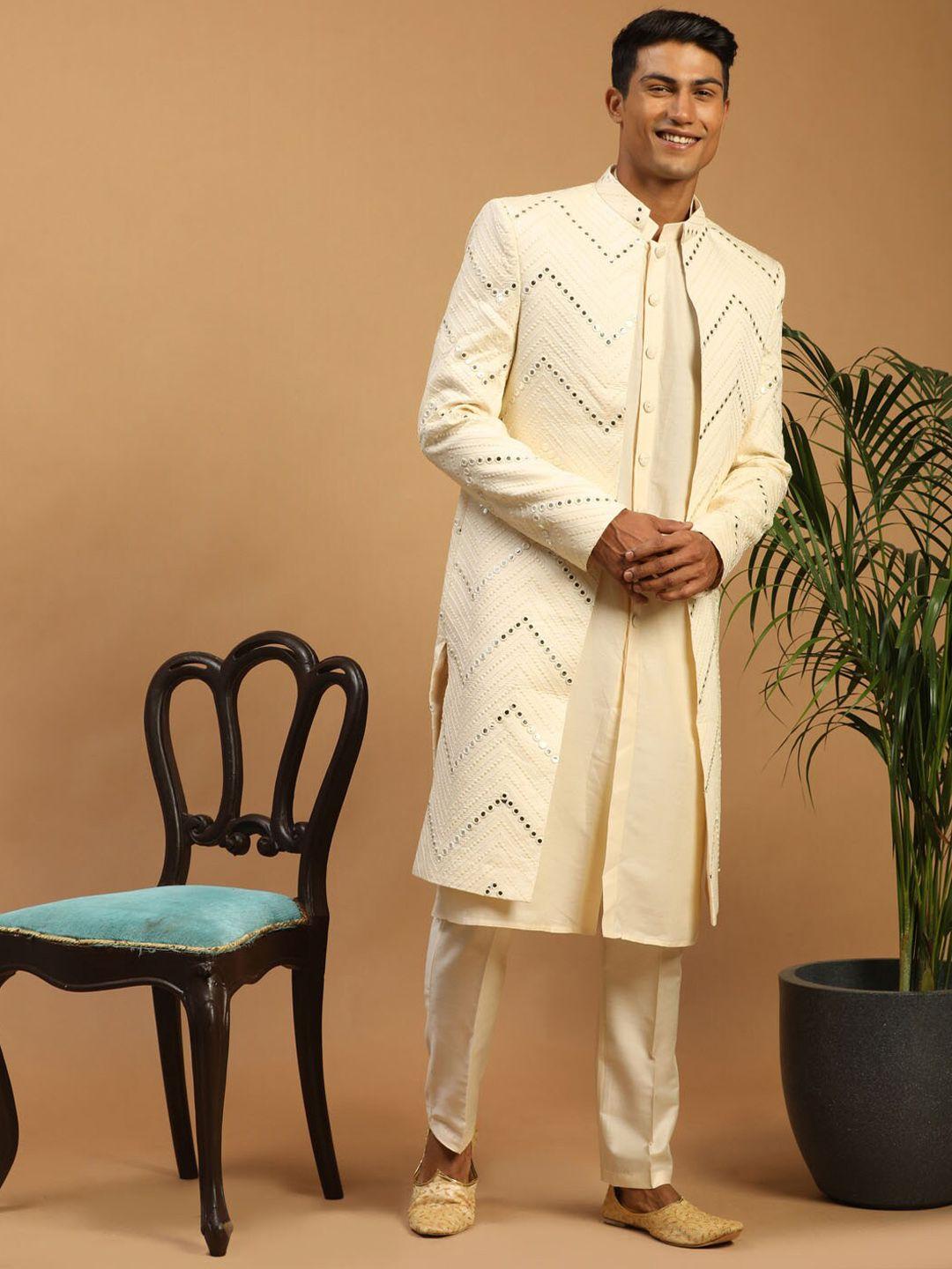 shrestha by vastramay men cream -colored mirror worked slim-fit sherwani