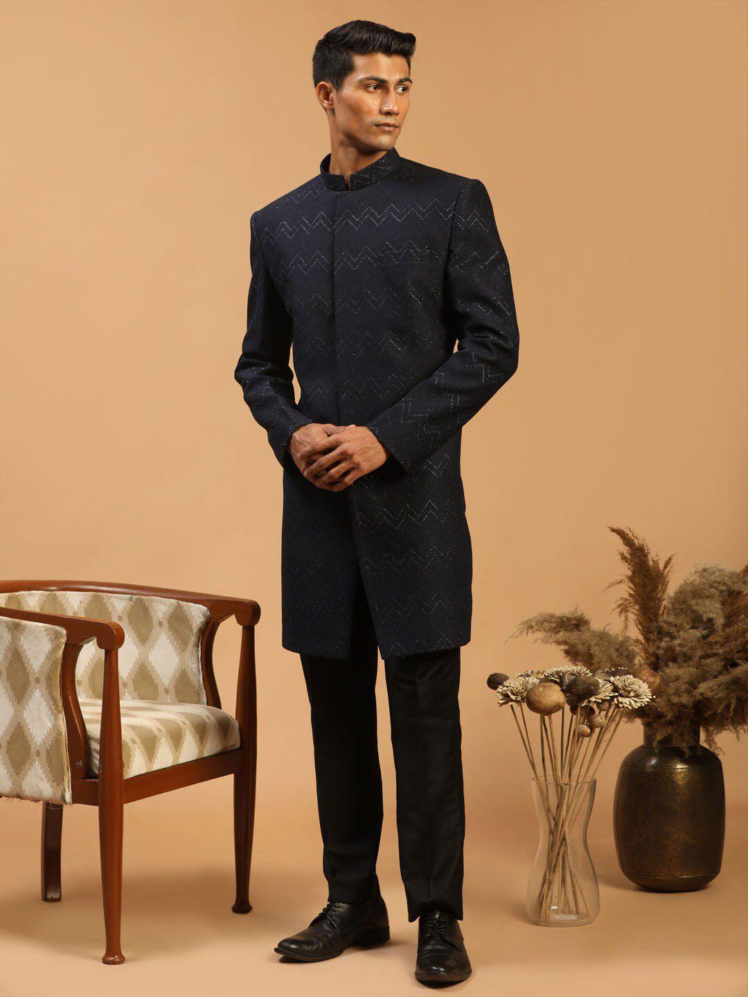 shrestha by vastramay men navy blue textured  sherwani