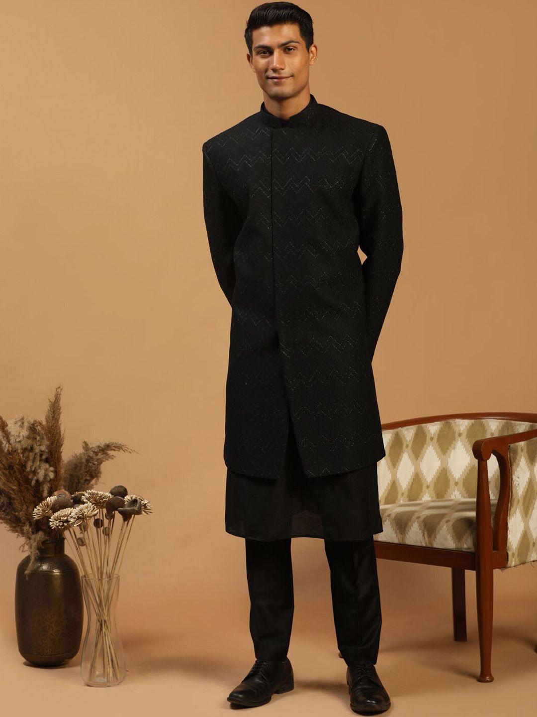 shrestha by vastramay men black printed slim-fit sherwani set