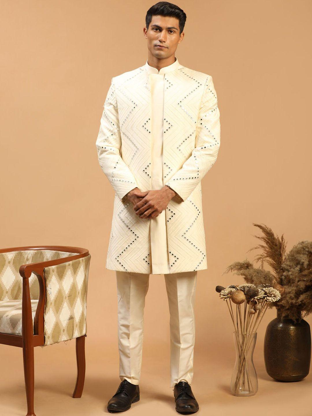 shrestha by vastramay men cream mirror work front open sherwani set