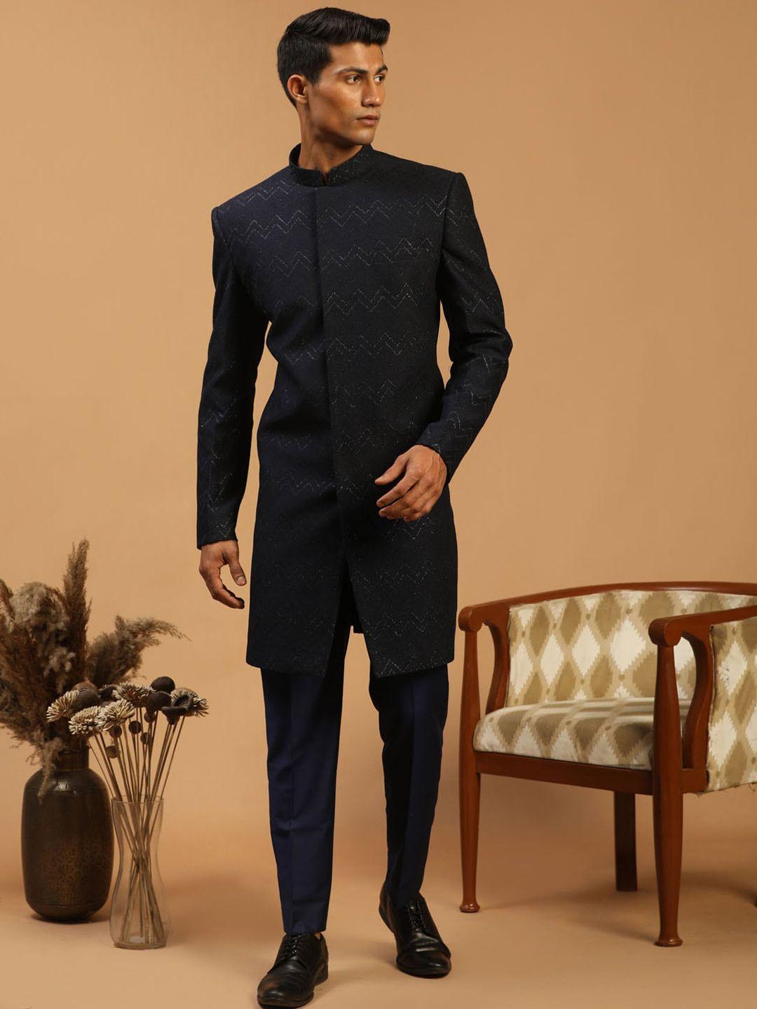 shrestha by vastramay men navy blue woven-design sherwani set