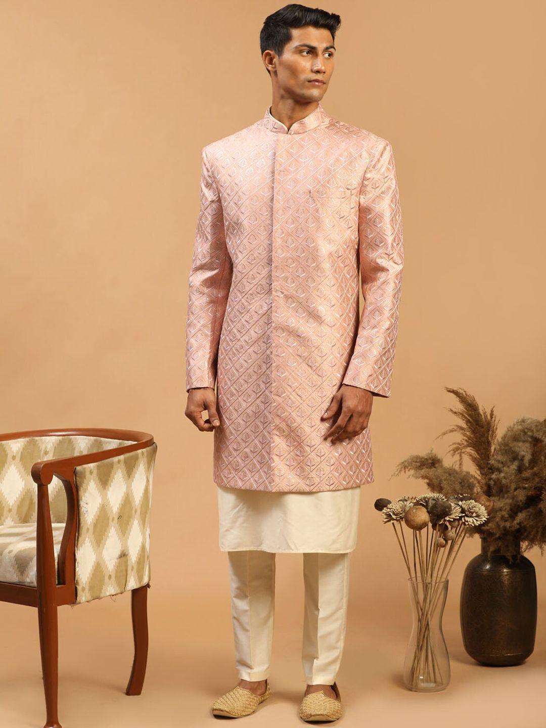 shrestha by vastramay men peach colored & cream colored printed sherwani set