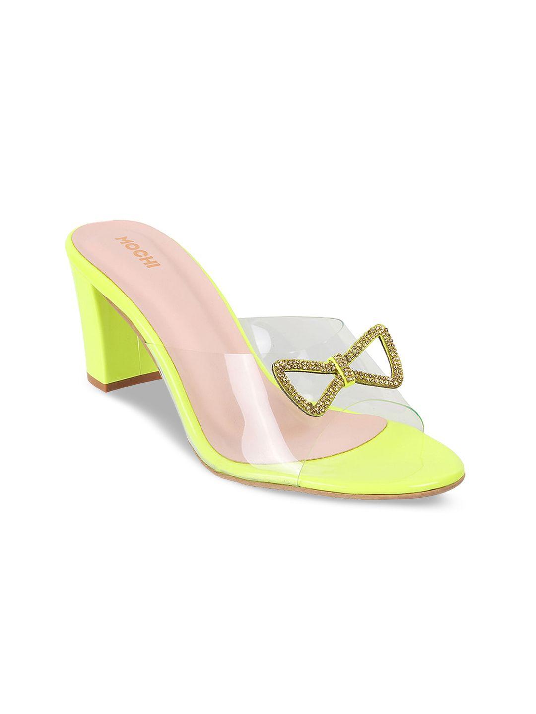 mochi yellow & transparent bow embellished block heels