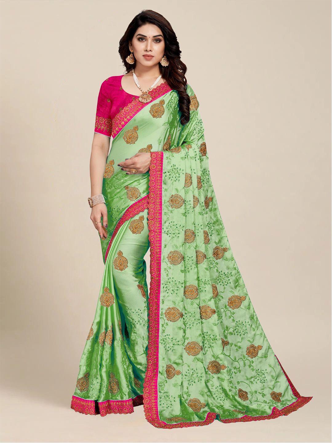 ms retail green & pink floral embroidered saree