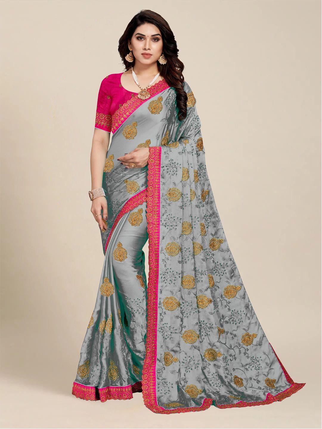 ms retail grey & pink floral embroidered saree