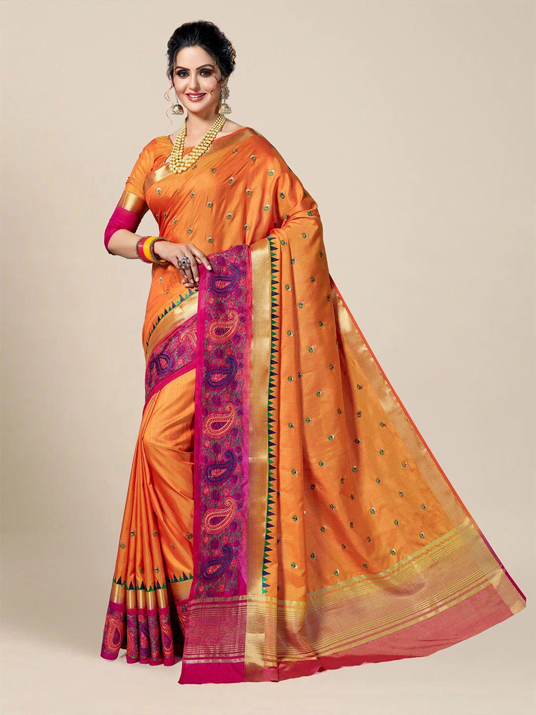 ms retail orange & purple paisley embroidered kanjeevaram saree