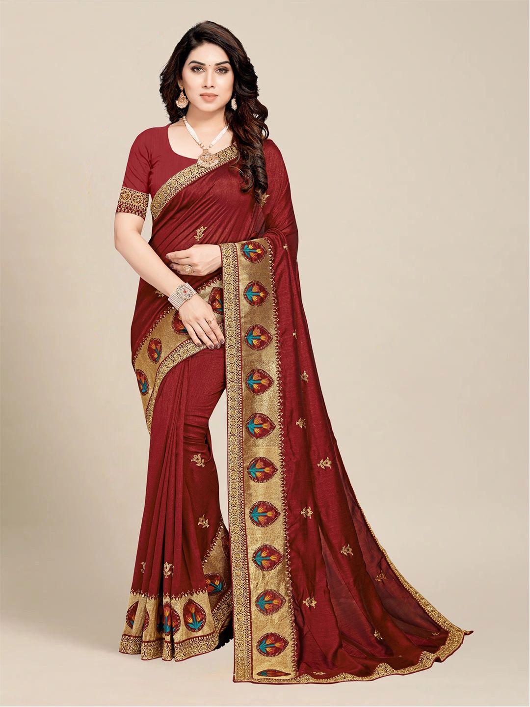 ms retail maroon & gold-toned floral embroidered saree